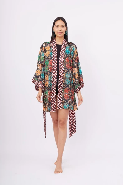 Peraluna LADYBUG SHORT KIMONO Baskılı Saten Kadın Kısa Kimono - Çok Renkli - 7