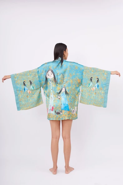 Peraluna JOY SHORT KIMONO Baskılı Saten Kadın Kısa Kimono - Turkuaz - 9