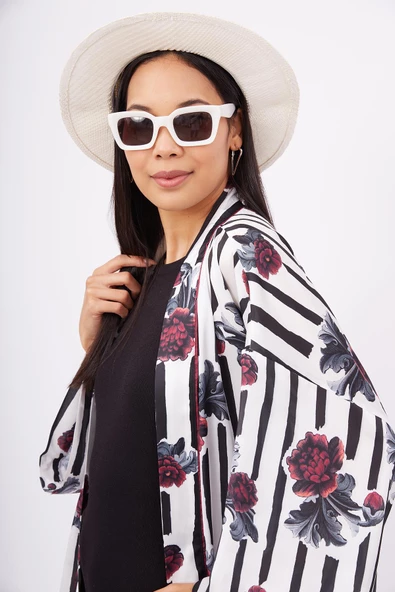 Peraluna STRIPE GARDEN SHORT KIMONO Baskılı Saten Kadın Kısa Kimono - Çok Renkli - 4