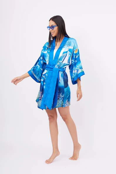 Peraluna OCEAN STORY SHORT KIMONO Baskılı Saten Kadın Kısa Kimono - Deniz Mavisi - 5