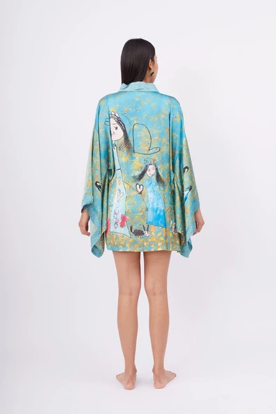 Peraluna JOY SHORT KIMONO Baskılı Saten Kadın Kısa Kimono - Turkuaz - 10