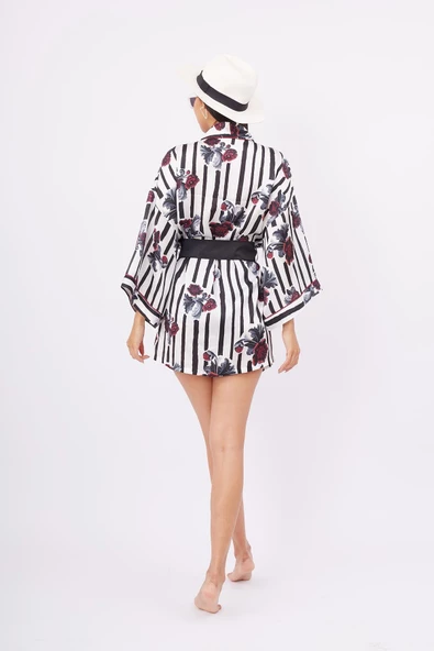 Peraluna STRIPE GARDEN SHORT KIMONO Baskılı Saten Kadın Kısa Kimono - Çok Renkli - 9