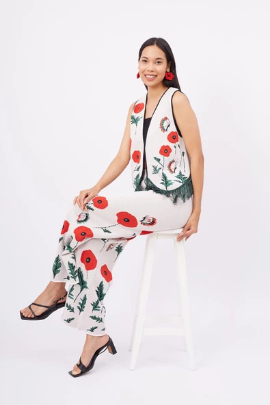 Peraluna POPPY TROUSER Gelincik Desen Organik Pamuk Kadın Pantolon - Ekru - 6