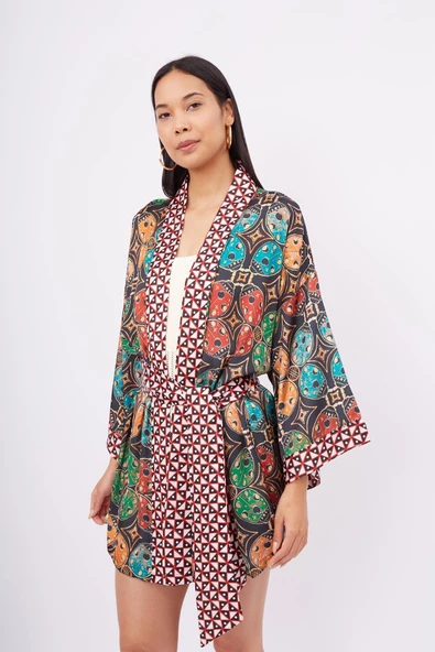 Peraluna LADYBUG SHORT KIMONO Baskılı Saten Kadın Kısa Kimono - Çok Renkli - 5