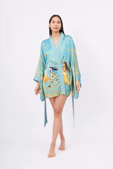 Peraluna JOY SHORT KIMONO Baskılı Saten Kadın Kısa Kimono - Turkuaz