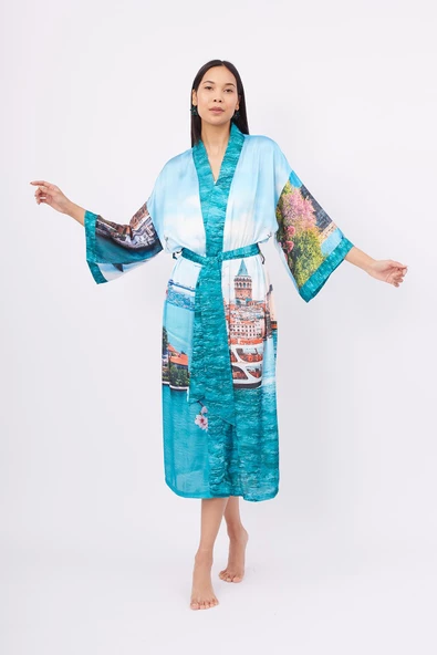 Peraluna ISTANBUL KIMONO Saten Kadın Uzun Kimono - Çok Renkli - 8
