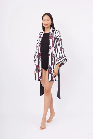 Peraluna STRIPE GARDEN SHORT KIMONO Baskılı Saten Kadın Kısa Kimono - Çok Renkli - 6