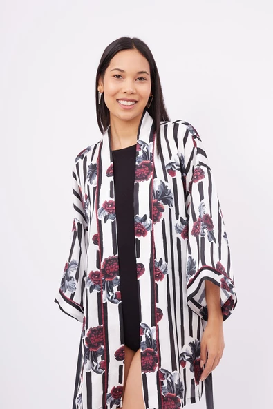 Peraluna STRIPE GARDEN SHORT KIMONO Baskılı Saten Kadın Kısa Kimono - Çok Renkli - 2