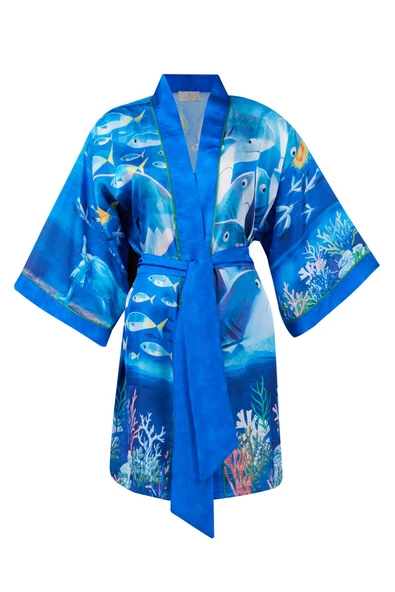 Peraluna OCEAN STORY SHORT KIMONO Baskılı Saten Kadın Kısa Kimono - Deniz Mavisi - 8