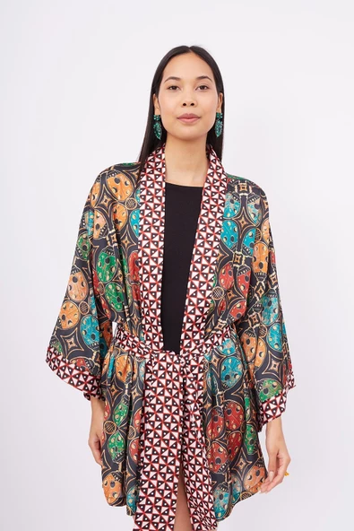 Peraluna LADYBUG SHORT KIMONO Baskılı Saten Kadın Kısa Kimono - Çok Renkli - 2