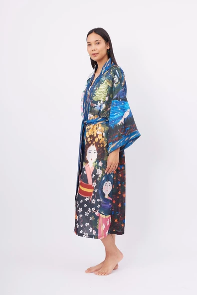 Peraluna MAGIC MOMENTS LONG KIMONO Baskılı Saten Kadın Uzun Kimono - Çok Renkli - 7