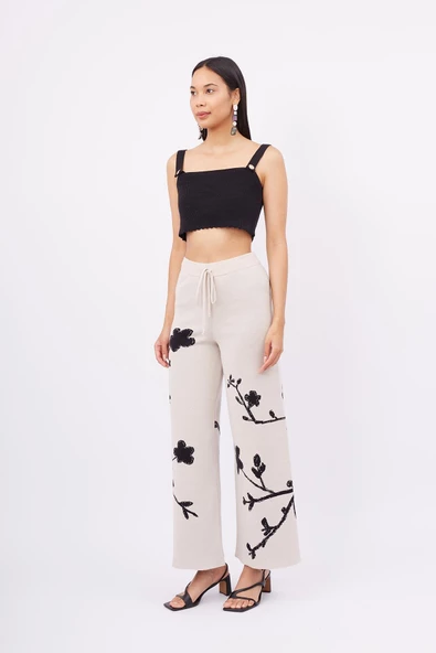 Peraluna LADY SAKURA TROUSER Jakarlı Organik Pamuk Kadın Pantolon - Bej - 6