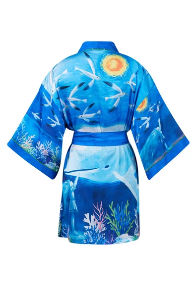 Peraluna OCEAN STORY SHORT KIMONO Baskılı Saten Kadın Kısa Kimono - Deniz Mavisi - 9