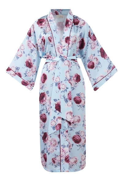 Peraluna ROSEMARY LONG KIMONO Baskılı Saten Kadın Uzun Kimono - Turkuaz - 8
