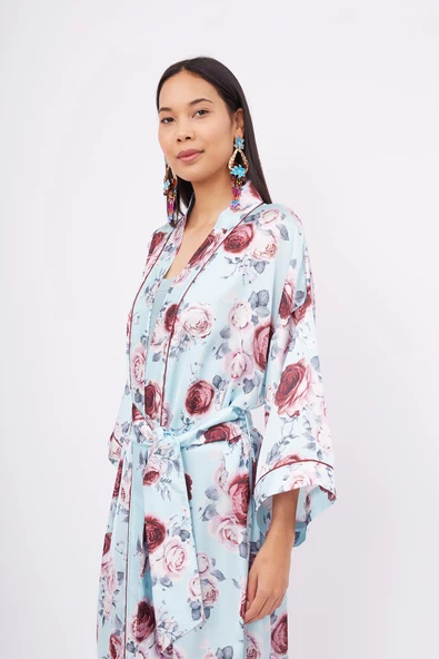 Peraluna ROSEMARY LONG KIMONO Baskılı Saten Kadın Uzun Kimono - Turkuaz - 5