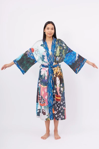Peraluna MAGIC MOMENTS LONG KIMONO Baskılı Saten Kadın Uzun Kimono - Çok Renkli - 6