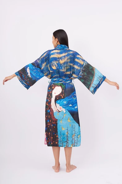 Peraluna MAGIC MOMENTS LONG KIMONO Baskılı Saten Kadın Uzun Kimono - Çok Renkli - 5