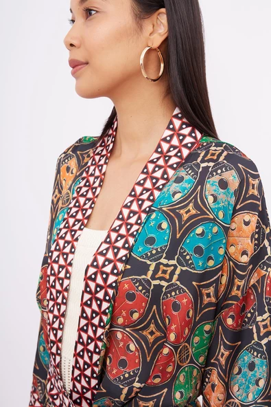 Peraluna LADYBUG SHORT KIMONO Baskılı Saten Kadın Kısa Kimono - Çok Renkli - 3