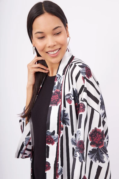 Peraluna STRIPE GARDEN SHORT KIMONO Baskılı Saten Kadın Kısa Kimono - Çok Renkli - 3