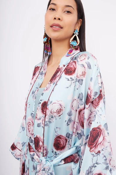 Peraluna ROSEMARY LONG KIMONO Baskılı Saten Kadın Uzun Kimono - Turkuaz - 4