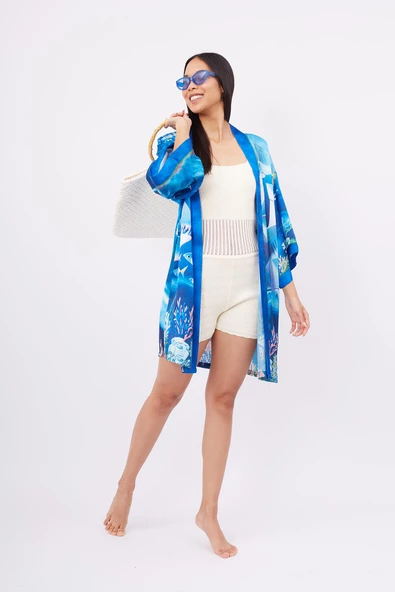 Peraluna OCEAN STORY SHORT KIMONO Baskılı Saten Kadın Kısa Kimono - Deniz Mavisi - 6