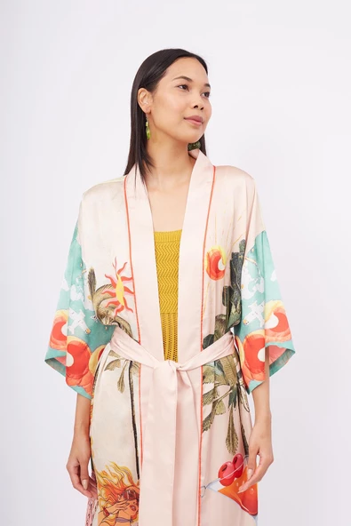 Peraluna SUMMER TIME LONG KIMONO Baskılı Saten Kadın Uzun Kimono - Çok Renkli - 2