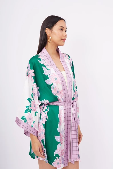 Peraluna LILAC CHARM SHORT KIMONO Baskılı Saten Kadın Kısa Kimono - Yeşil/Pembe - 4