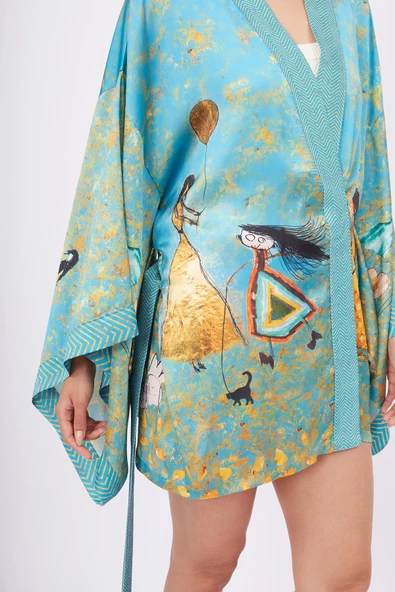 Peraluna JOY SHORT KIMONO Baskılı Saten Kadın Kısa Kimono - Turkuaz - 3