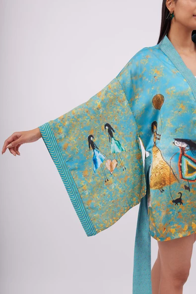 Peraluna JOY SHORT KIMONO Baskılı Saten Kadın Kısa Kimono - Turkuaz - 6