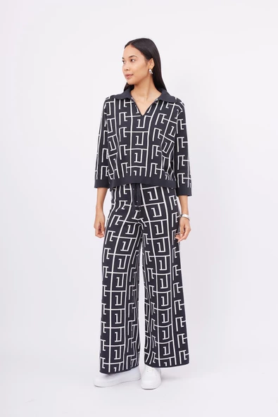 Peraluna MAZE TROUSER Jakarlı Organik Pamuk Kadın Pantolon - Antrasit/Ekru - 5