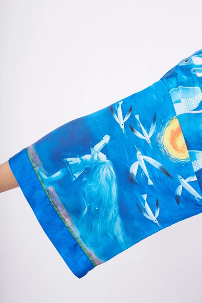 Peraluna OCEAN STORY SHORT KIMONO Baskılı Saten Kadın Kısa Kimono - Deniz Mavisi - 4