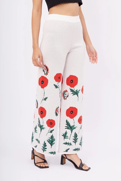 Peraluna POPPY TROUSER Gelincik Desen Organik Pamuk Kadın Pantolon - Ekru - 4