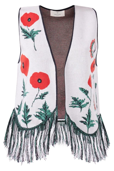 Peraluna POPPY WAISTCOAT Gelincik Desen V Yaka Eteği Püskül Detaylı Rahat Kesim Kadın Triko Yelek - Ekru Multi - 9