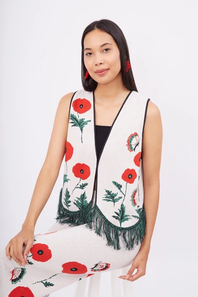 Peraluna POPPY WAISTCOAT Gelincik Desen V Yaka Eteği Püskül Detaylı Rahat Kesim Kadın Triko Yelek - Ekru Multi - 6