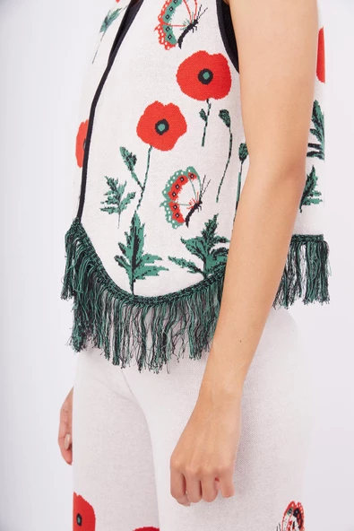 Peraluna POPPY WAISTCOAT Gelincik Desen V Yaka Eteği Püskül Detaylı Rahat Kesim Kadın Triko Yelek - Ekru Multi - 4