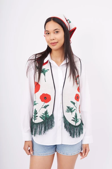 Peraluna POPPY WAISTCOAT Gelincik Desen V Yaka Eteği Püskül Detaylı Rahat Kesim Kadın Triko Yelek - Ekru Multi - 5