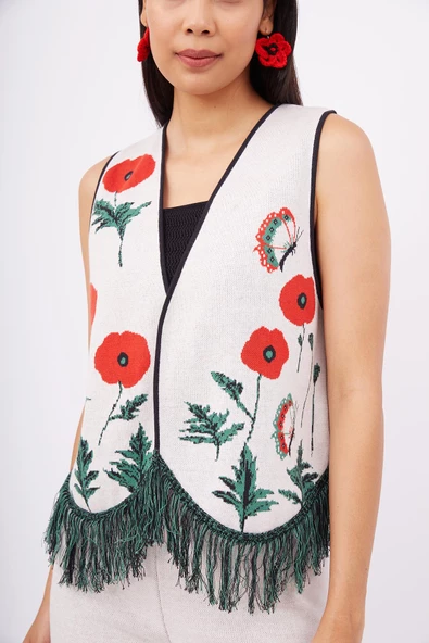 Peraluna POPPY WAISTCOAT Gelincik Desen V Yaka Eteği Püskül Detaylı Rahat Kesim Kadın Triko Yelek - Ekru Multi - 3
