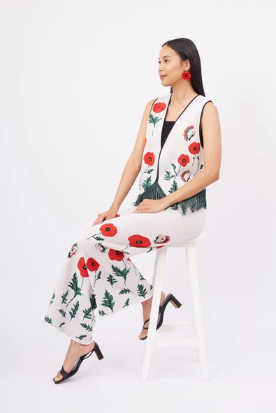 Peraluna POPPY WAISTCOAT Gelincik Desen V Yaka Eteği Püskül Detaylı Rahat Kesim Kadın Triko Yelek - Ekru Multi - 7