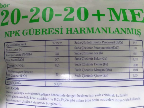 MEB MEBOR 20-20-20 Harmanlanmış NPK Gübresi 1 Kg, Azot, Fosfor, Potasyum, Bor, Bakır, Demir, Mangan - 4