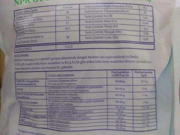 MEB MEBOR 20-20-20 Harmanlanmış NPK Gübresi 1 Kg, Azot, Fosfor, Potasyum, Bor, Bakır, Demir, Mangan - 6