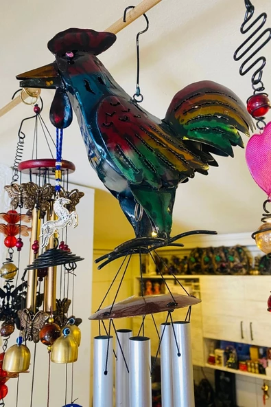 Deprem Çanı Rüzgar Zili Feng Shui Koruyucu Horoz Metal El İşi 5 Beş Metal Borulu Koyu - Resim 5