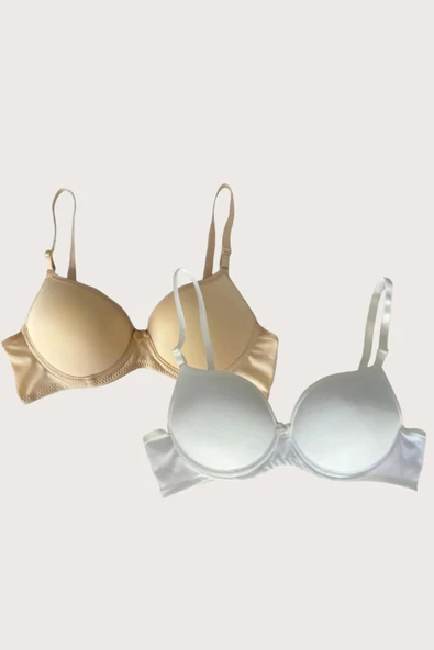 Shopidik  Beyaz-Ten 2'li  Mikro Kumaş Push Up Dolgulu Balenli Günlük Destekli Sütyen - 3