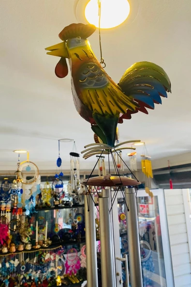 Deprem Çanı Rüzgar Zili Feng Shui Koruyucu Horoz Metal El İşi 5 Beş Metal Borulu Denizli Horozu - Resim 2