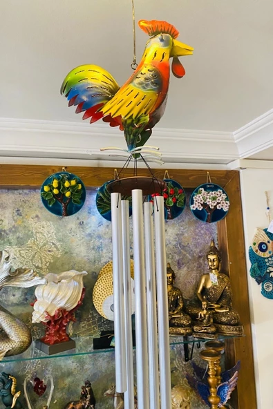 Deprem Çanı Rüzgar Zili Feng Shui Koruyucu Horoz Metal El İşi 5 Beş Metal Borulu Denizli Horozu - Resim 4
