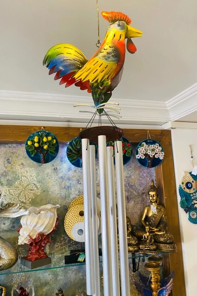 Deprem Çanı Rüzgar Zili Feng Shui Koruyucu Horoz Metal El İşi 5 Beş Metal Borulu Denizli Horozu - Resim 3
