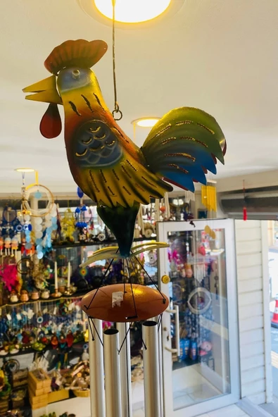 Deprem Çanı Rüzgar Zili Feng Shui Koruyucu Horoz Metal El İşi 5 Beş Metal Borulu Denizli Horozu - Resim 5