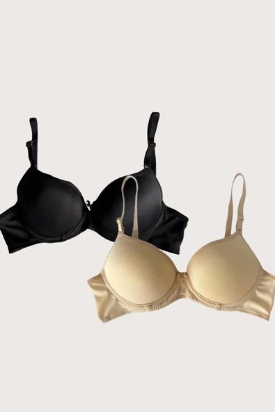 Shopidik  Siyah-Ten 2'li Mikro Kumaş Push Up Dolgulu Balenli Günlük Destekli Sütyen