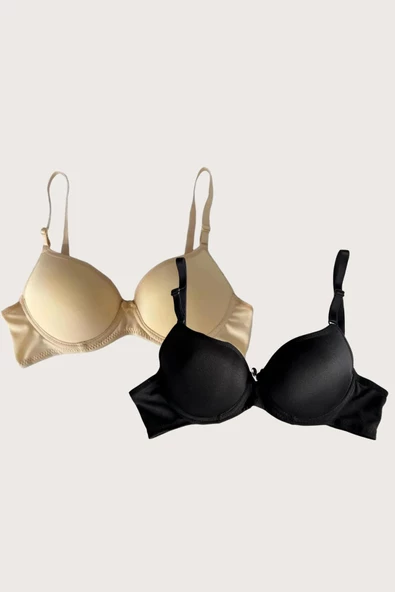 Shopidik  Siyah-Ten 2'li Mikro Kumaş Push Up Dolgulu Balenli Günlük Destekli Sütyen - 5