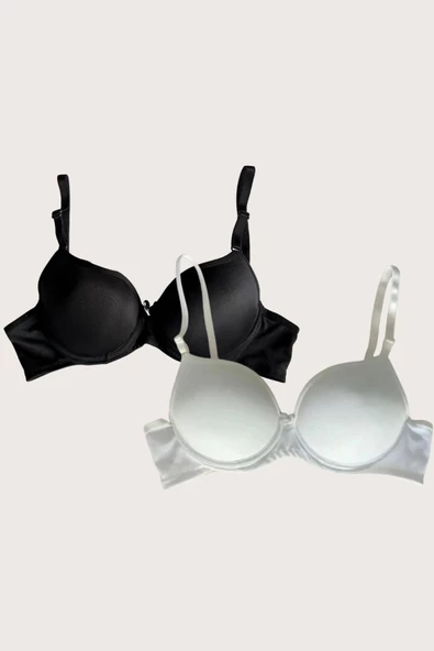 Shopidik  Siyah-Beyaz 2'li Mikro Kumaş Push Up Dolgulu Balenli Günlük Destekli Sütyen - 3