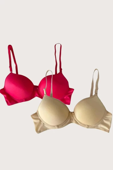 Shopidik  Ten-Kırmızı 2'li Mikro Kumaş Push Up Dolgulu Balenli Günlük Destekli Sütyen - 3